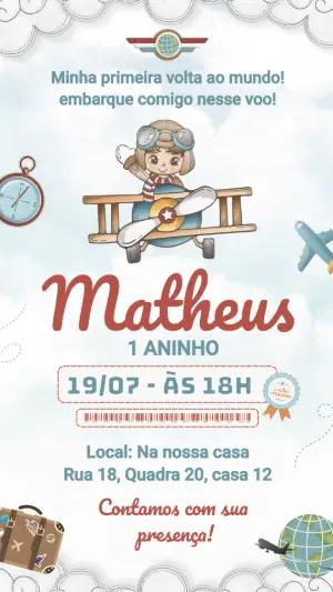Convite de Aniversário Infantil Aviador Volta ao Mundo Editável