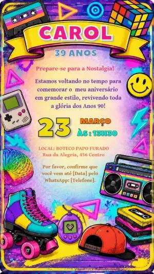 Convite de Aniversário Anos 90 Retrô para Editar