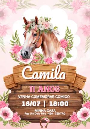 Modelo de Convite Aniversário Cavalo Floral Rústico Editável