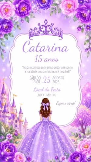 Convite 15 Anos Princesa Lilás Floral para Editar