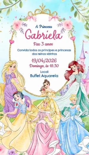 Convite de Aniversário Princesas Aquarela para Editar