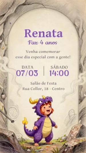 Convite de Aniversário Dragão Roxo Ilustrado para Editar