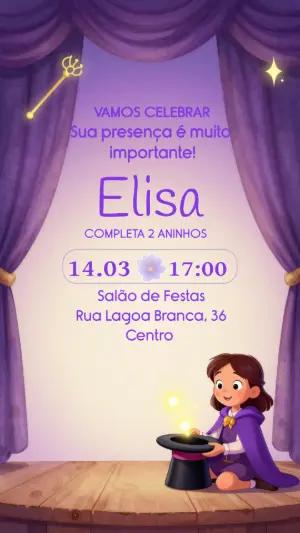 Convite Digital Infantil Tema Mágica Roxo para Editar