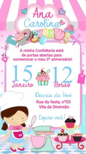 Convite Digital Editável Festa Confeitaria Infantil Rosa