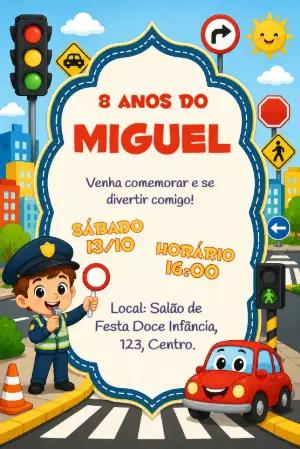 Convite de Aniversário Infantil Policial de Trânsito Editável
