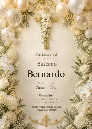 Convite de Batismo Elegante com Cruz Floral para Editar