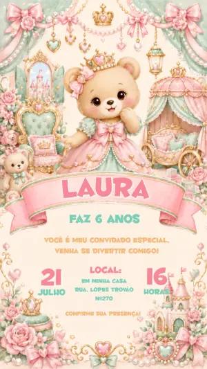 Convite de Aniversário Ursinha Princesa Rosa Editável