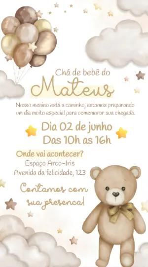 Convite Chá de Bebê Ursinho Tons Neutros Editável