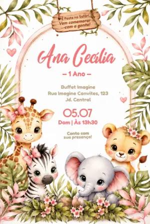 Convite de Aniversário Safari Baby Rosa Editável
