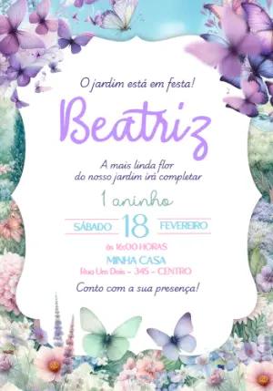 Convite de Aniversário Jardim das Borboletas Aquarela Editável