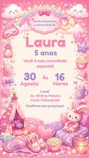 Convite Aniversário Festa do Pijama Rosa Editável