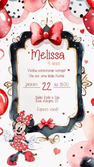 Convite Aniversário Minnie Vermelha Aquarela para Editar