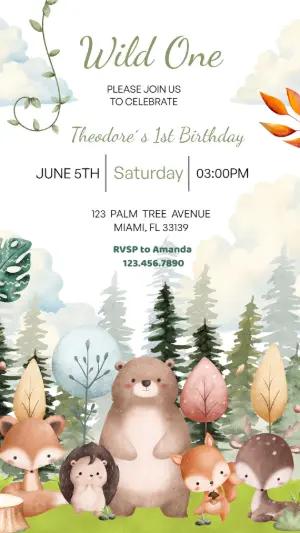 Editable Wild One Woodland Animals Birthday Invitation