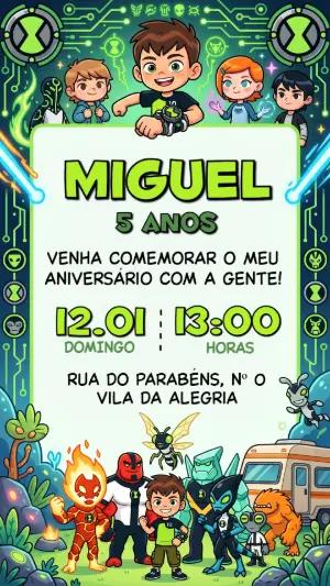 Convite de Aniversário Ben 10 Herói Digital para Editar