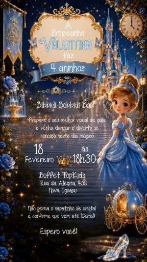 Convite de Aniversário Cinderela Azul e Dourado para Editar