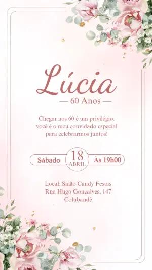 Convite de Aniversário 60 Anos Floral Rosa Editável