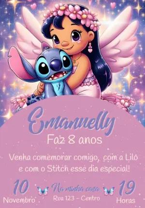 Convite de Aniversário Lilo e Stitch Anjo Rosa Editável