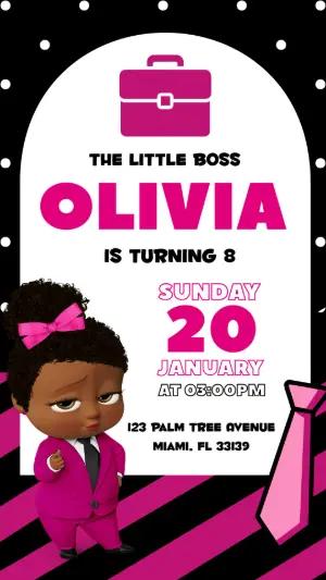 Editable Little Boss Girl Birthday Invitation in Pink & Black