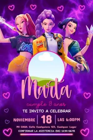 Invitación de Cumpleaños Las Guerreras K-Pop para Editar y Enviar