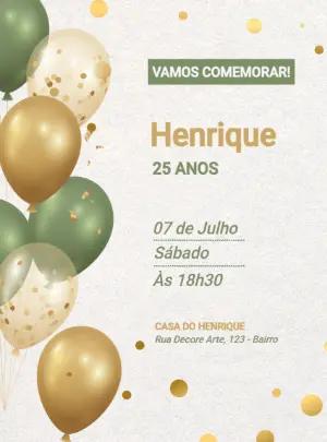 Convite de Aniversário Balões Verde e Dourado para Editar Online