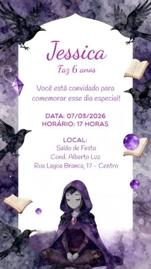 Convite de Aniversário Ravena Místico Roxo para Editar