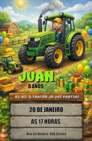 Convite Digital Aniversário Infantil Tema Trator para Editar