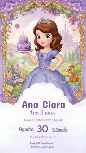 Convite de Aniversário Princesa Sofia Lilás Modelo Editável