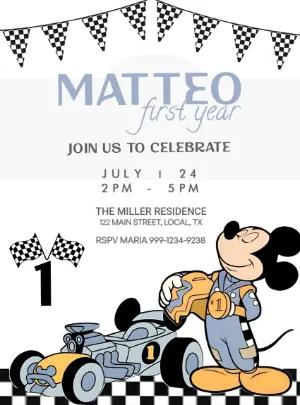 Mickey Race Car First Birthday Invitation Editable Template
