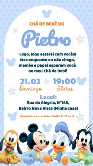 Convite Chá de Bebê Mickey Baby e Amigos Azul para Editar