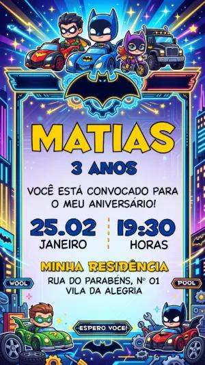 Convite de Aniversário Batman Corrida Neon Editável