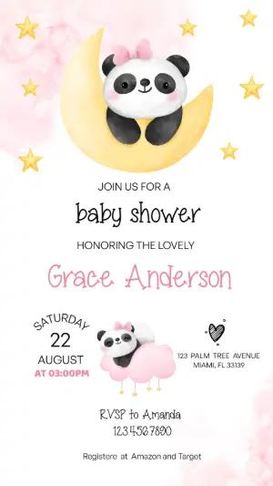 Cute Panda on the Moon Baby Shower Invitation Editable Template