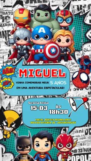 Convite de Aniversário Super-Heróis Chibi para Editar
