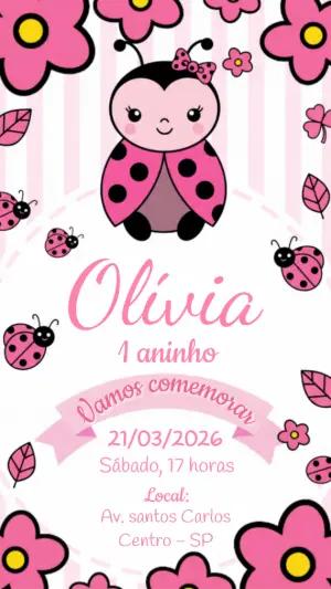Convite de Aniversário Joaninha Rosa Fofo para Editar