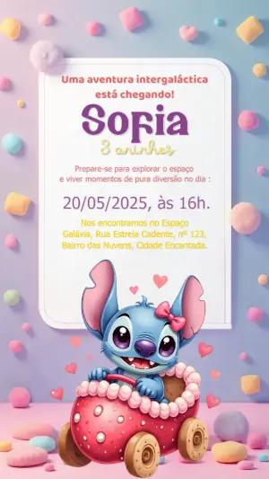 Convite Aniversário Stitch Rosa para Editar Online