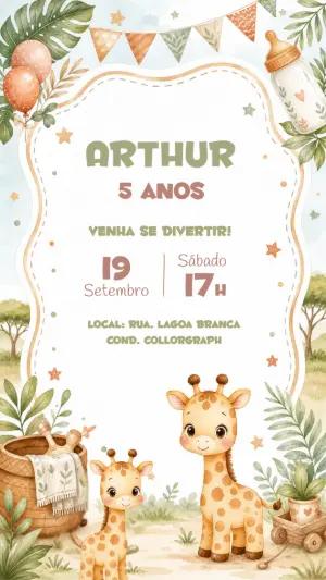 Convite Aniversário Girafinha Boho Aquarela para Editar