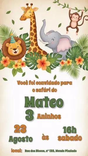 Convite de Aniversário Safari com Animais para Editar Online