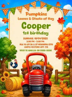 Fall Farm Birthday Invitation with Tractor - Editable Template
