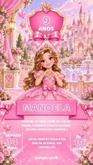 Convite de Aniversário Princesa Rosa | Modelo Digital Editável