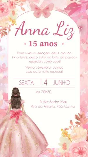 Convite de 15 Anos Debutante Floral Rosa para Editar Online