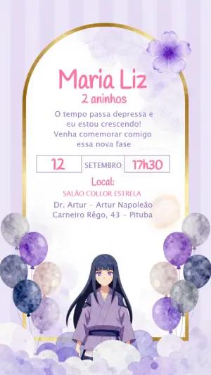Convite de Aniversário Hinata Lilás para Editar e Enviar