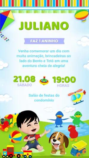 Convite de Aniversário Infantil Bento e Totó Colorido para Editar