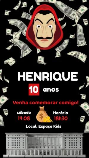 Convite Aniversário La Casa de Papel para Editar Online