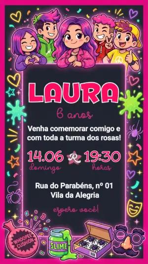 Convite de Aniversário Infantil Turma Rosa Editável