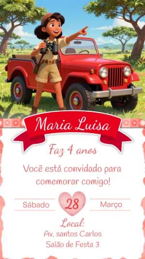 Convite de Aniversário Safari Menina Aventureira Editável