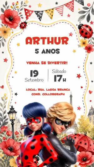 Convite de Aniversário Miraculous Ladybug e Cat Noir Editável