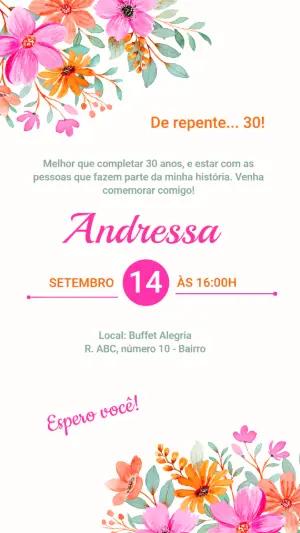 Convite de Aniversário 30 Anos Floral Aquarela Editável