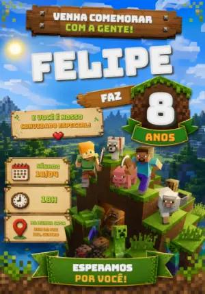 Convite de Aniversário Minecraft Editável para Festa Infantil