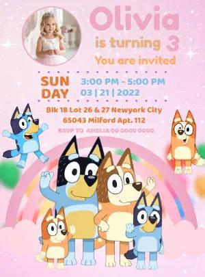 Editable Bluey Birthday Invitation for Girls, Pink Party Template with photo