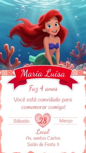 Convite Digital Pequena Sereia Ariel Fundo do Mar Editável