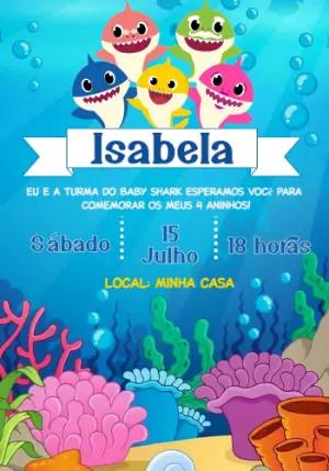 Convite de Aniversário Baby Shark com Personagens para Editar